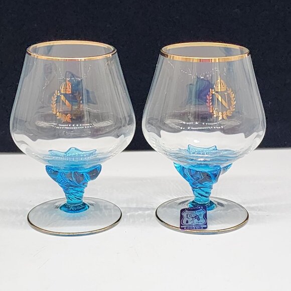 A. Ruckl & Sons Other - Vcelnicka Bohemia Brandy Snifter Cognac Handblown Blue Glass Gilded Crown VTG